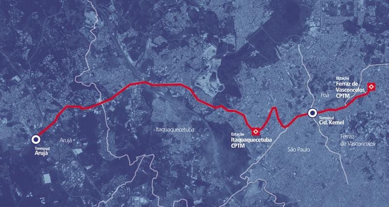 Карта коредоре БРТ метрополитано периметру Альто Тиете